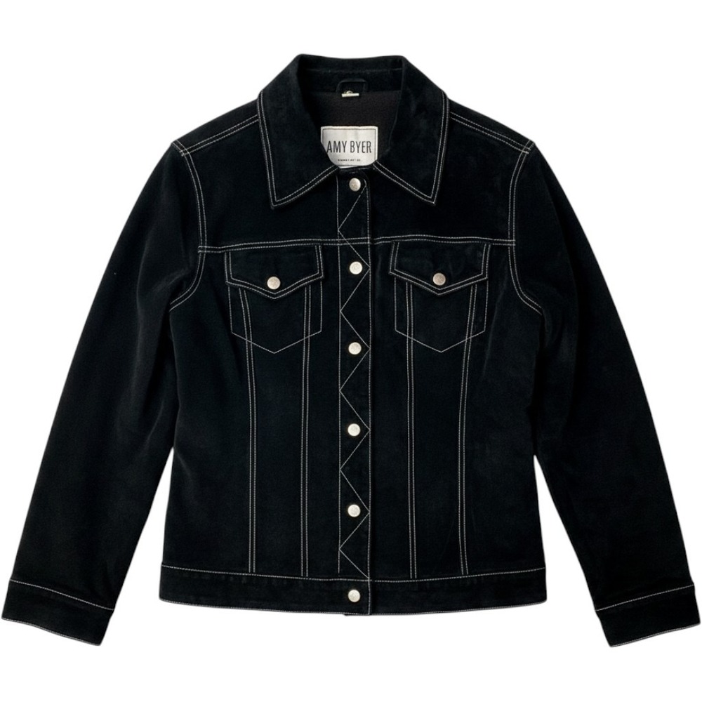 Amy Byer Leather Trucker Jacket Women 14 Black Suede Contrast Stitch Vintage